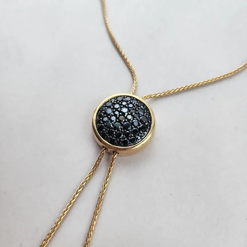 Bellezza lariat necklace ITALY 14KT Gold Plated Vintage Signed NEW Black Crystal